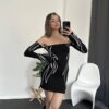Siyah Alev Desen Madonna Yaka Mini Elbise