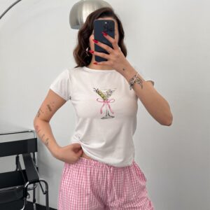 Kokteyl Baskılı Basic Beyaz Crop Tişört