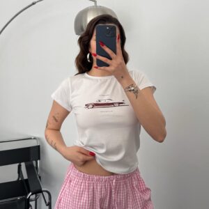 Araba Baskılı Basic Beyaz Crop Tişört