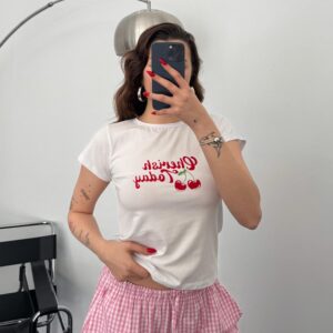 Kiraz Baskılı Basic Beyaz Crop Tişört