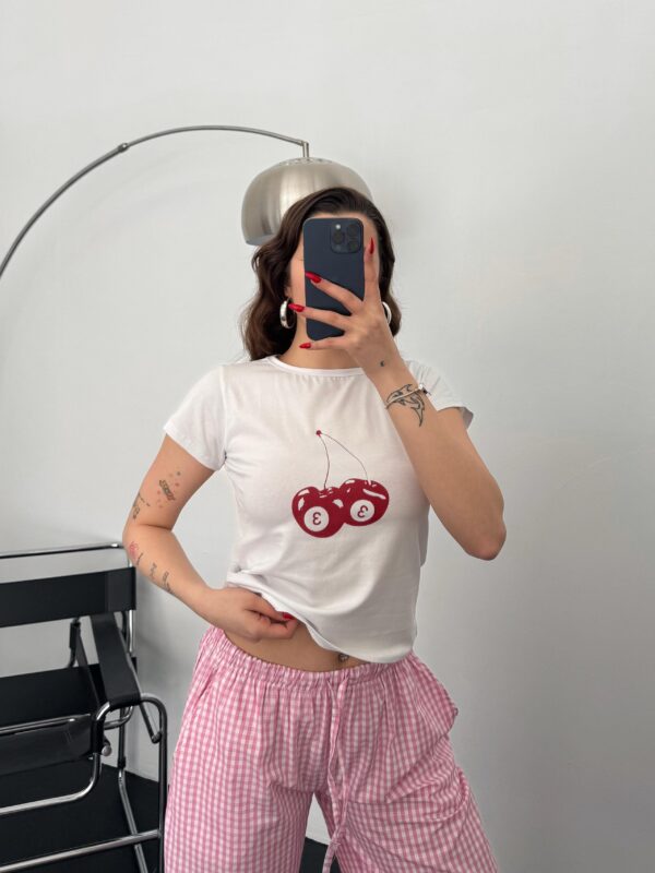 Kiraz Baskılı Basic Beyaz Crop Tişört