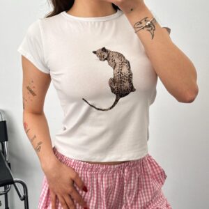 Jaguar Baskılı Basic Beyaz Crop Tişört