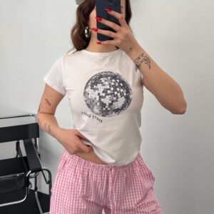 Disko Topu Baskılı Basic Beyaz Crop Tişört