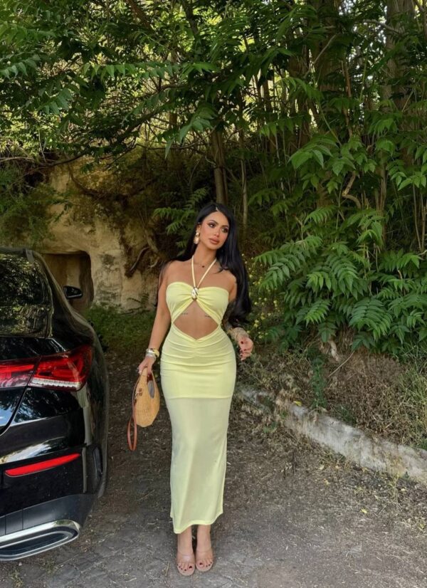 Gold Broşlu Dekolteli Elbise