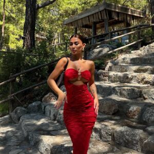 Dantel Detaylı Astarlı Straplez Uzun Elbise