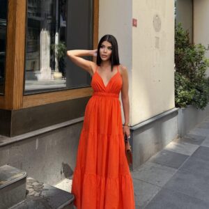 Sırt Çapraz Askılı Keten Elbise